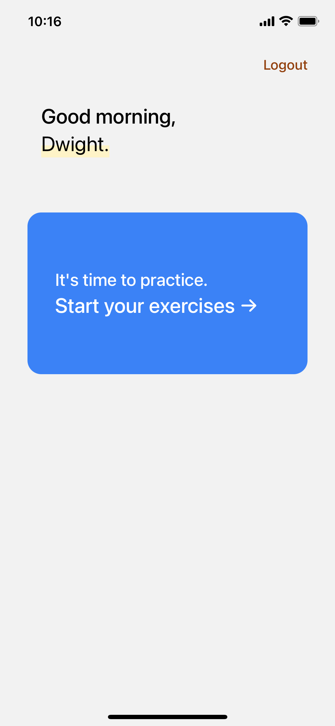 A screenshot of the Teleatherapy app home screen. There is a heading saying 'Good morning, Michael', a big blue button saying 'It's time to practice. Start your exercises.', and a logout button.